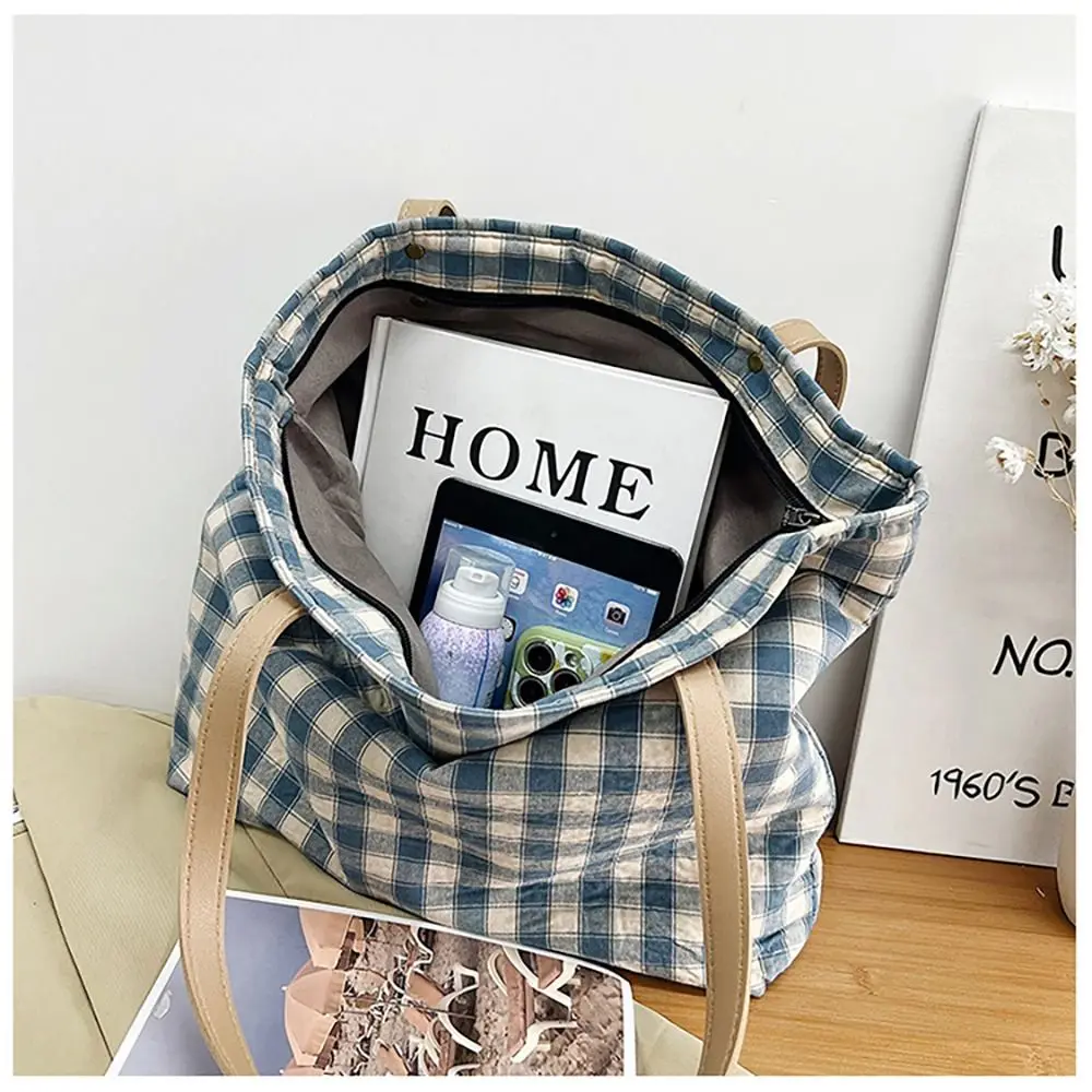 Canvas Tote Bag Gingham Plaid Reusable Grocery Handbag Shoulder Bag for Travel, Shopping, Weekend, Holiday Birthday Gift