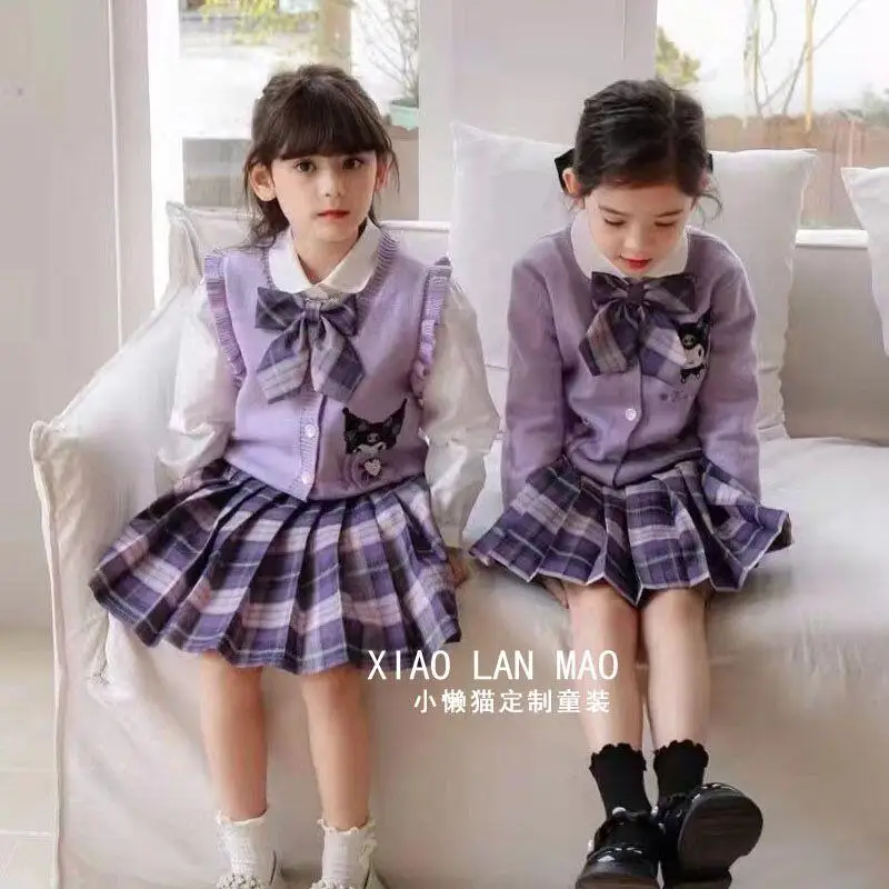 

Anime Kuromi Girls Jk Suit College Style Knitted Cardigan Pleated Skirt Three Piece Set Cute Kids Uniform Pleated Skirt Sweater