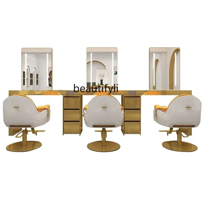 New arrive Barber Shop Dressing Table for Hair Salon Single-Sided Double-Sided Marble Hairdressing Mirror with Cabinet  Dyeing T