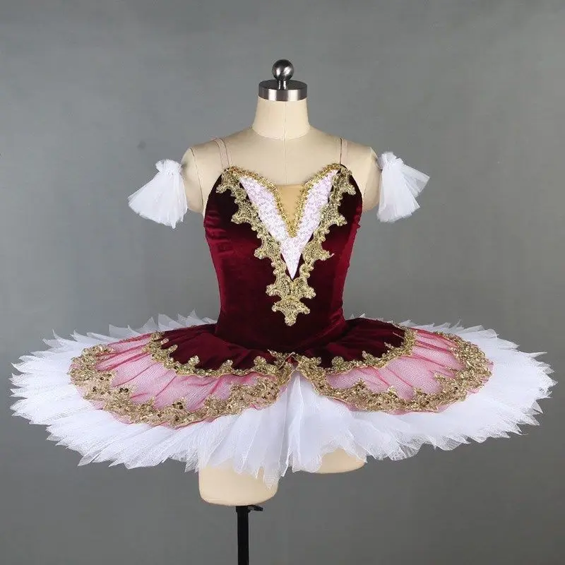 THEEPER Professional Classical Pancake Ballet Tutu Dress for Girls, Gold Lace Applique Hard Tulle Tutu, Kids' Ballet Clothes