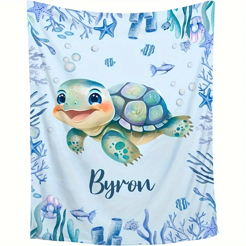 [Customized] 1pc Creative Little Turtle Coral Print Name Customized Flannel Blanket, Customizable, Holiday Blanket, Birthday Gift, Gift Blanket, Multi-Purpose, Outdoor Beach Camping, Outdoor Blanket, Living Room Sofa Pet Office Cover Blanket