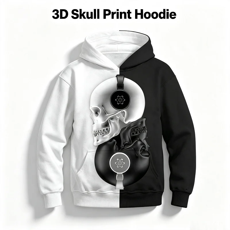 3D Black White Skull Print Hoodie for Kids Boys Girls 6-8Y | Pullover Sweatshirt with Big Pocket | Casual Sports Winter Warm Top