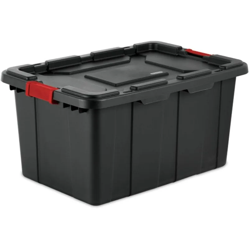 Sterilite 27 Gal Industrial Tote Stackable Storage Bin Latching Lid Plastic Container Heavy Duty Latches Black Base Lid 4-Pack