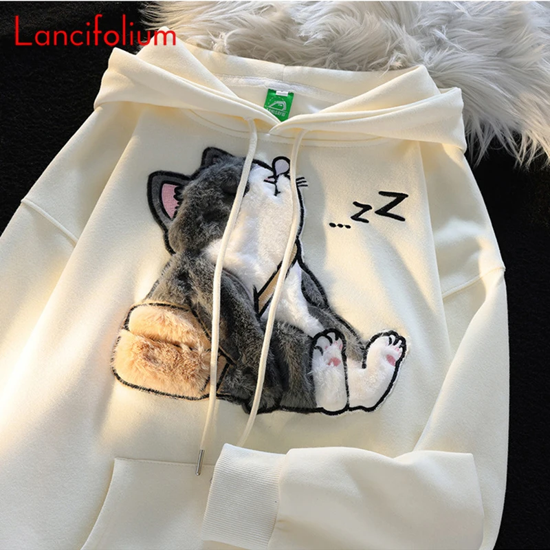 Japanese Vintage Doze To School Muppet Cat Flocking Embroidery Hooded Hoodie Preppy Kawaii Chic Couple Loose Sweatshirt Coat Top