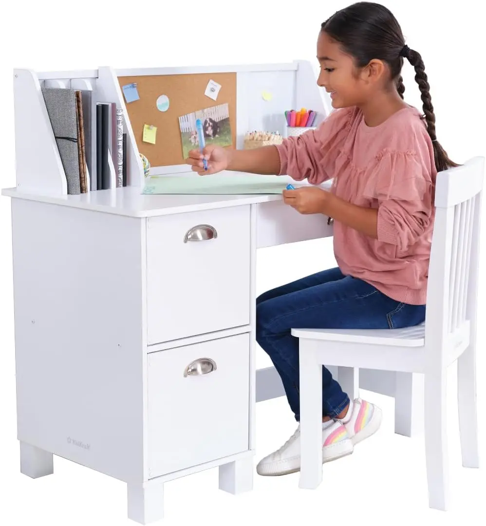 

Wooden Study Desk for Children with Chair, Bulletin Board and Cabinets, White