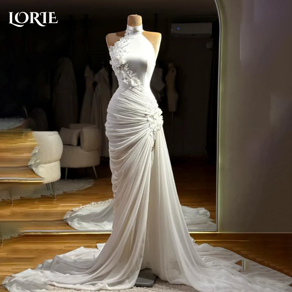 

LORIE Satin Halter Wedding Dresses 3D Flowers A-Line Bridal Gown Slit Crepe Customized Pleat Party Gown 2026 vestido de noiva