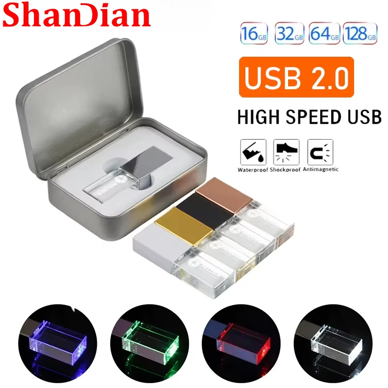 USB Flash Drive Creative Transparent Crystal 128GB Color LED Pen Drive 64GB 32GB Iron Box Memory Stick Gift for Laptop U Disk