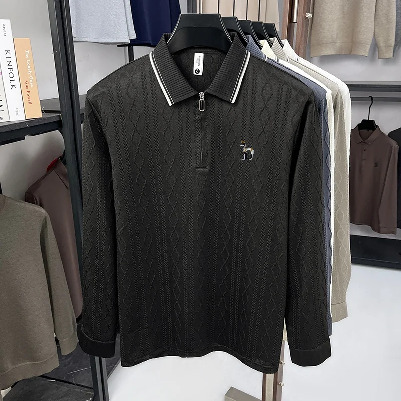 Hochwertiges Herren-Poloshirt mit Stickerei-Print, einfarbig, Jacquard, langärmelig, halber Reißverschluss, Kragen-T-Shirt, lässige Mode für Herren. – Detail 12