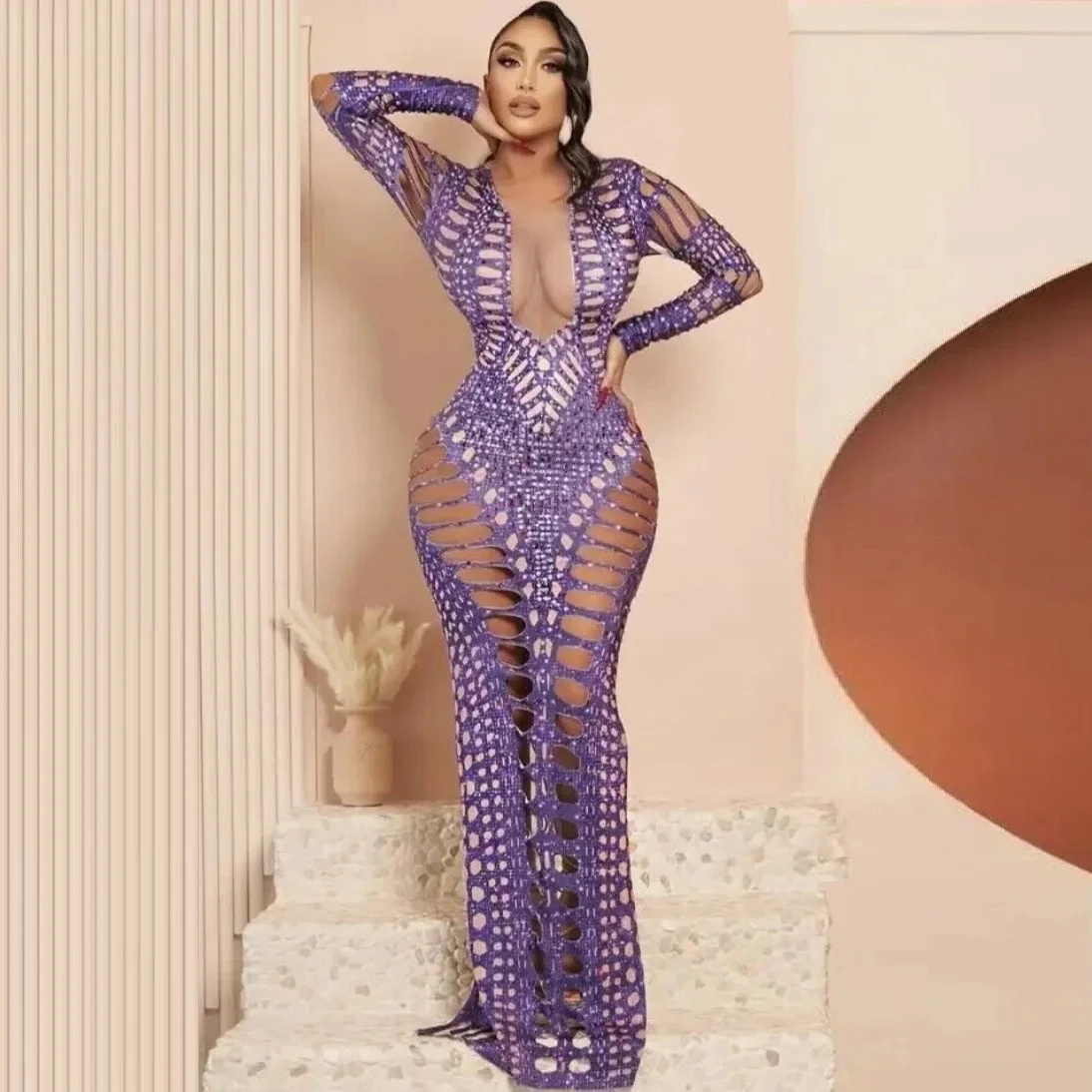 Stock Purple Color Long Sleeve Sexy Hollow Out Bodycon Dress Fashion Nightclub Party Performance Costume Stage Wear