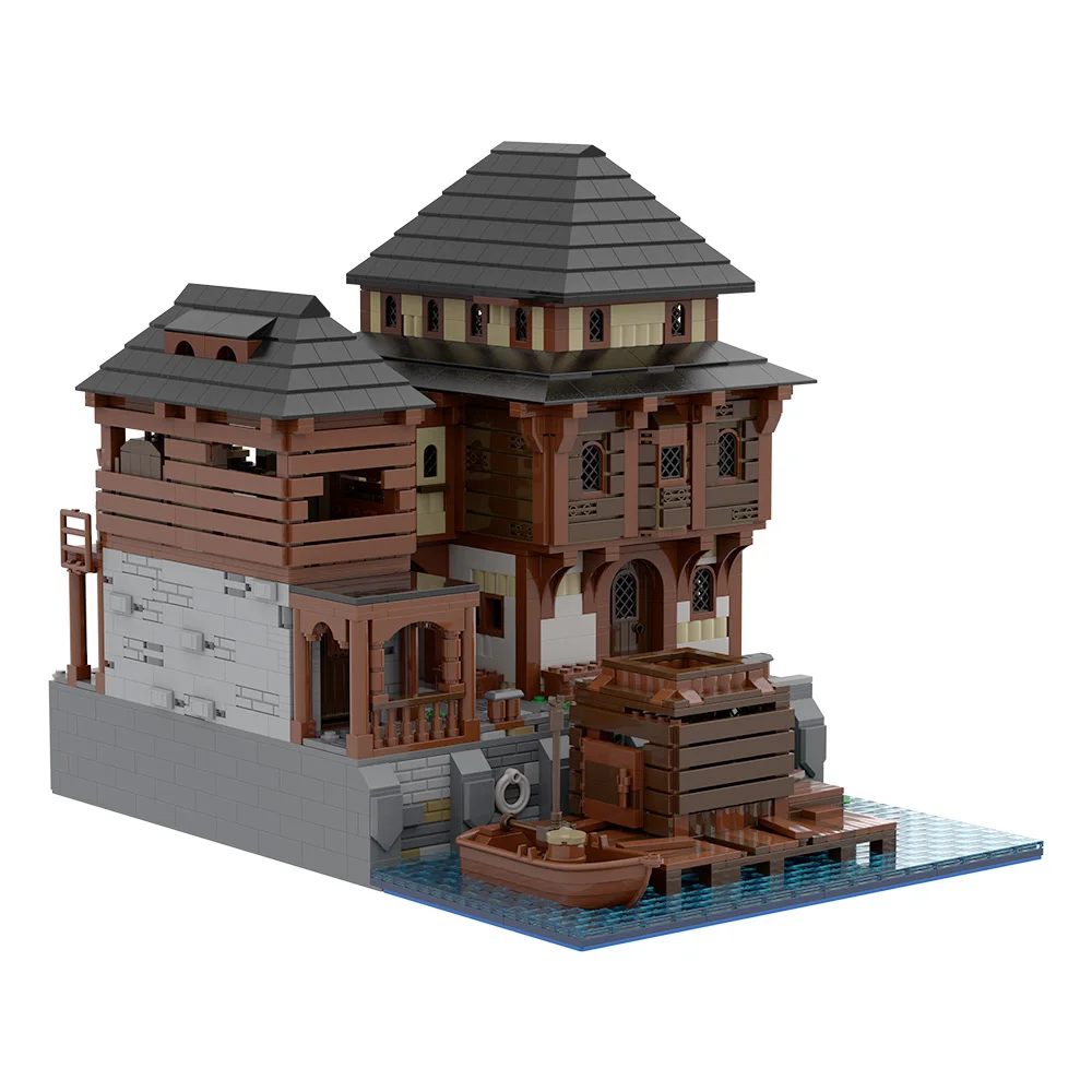 MOC – briques de taverne de Port médiéval, modèle de Port modulaire, Architecture de taverne, vue sur la rue, blocs de construction, jouets d'assemblage, cadeaux pour enfants, bricolage
