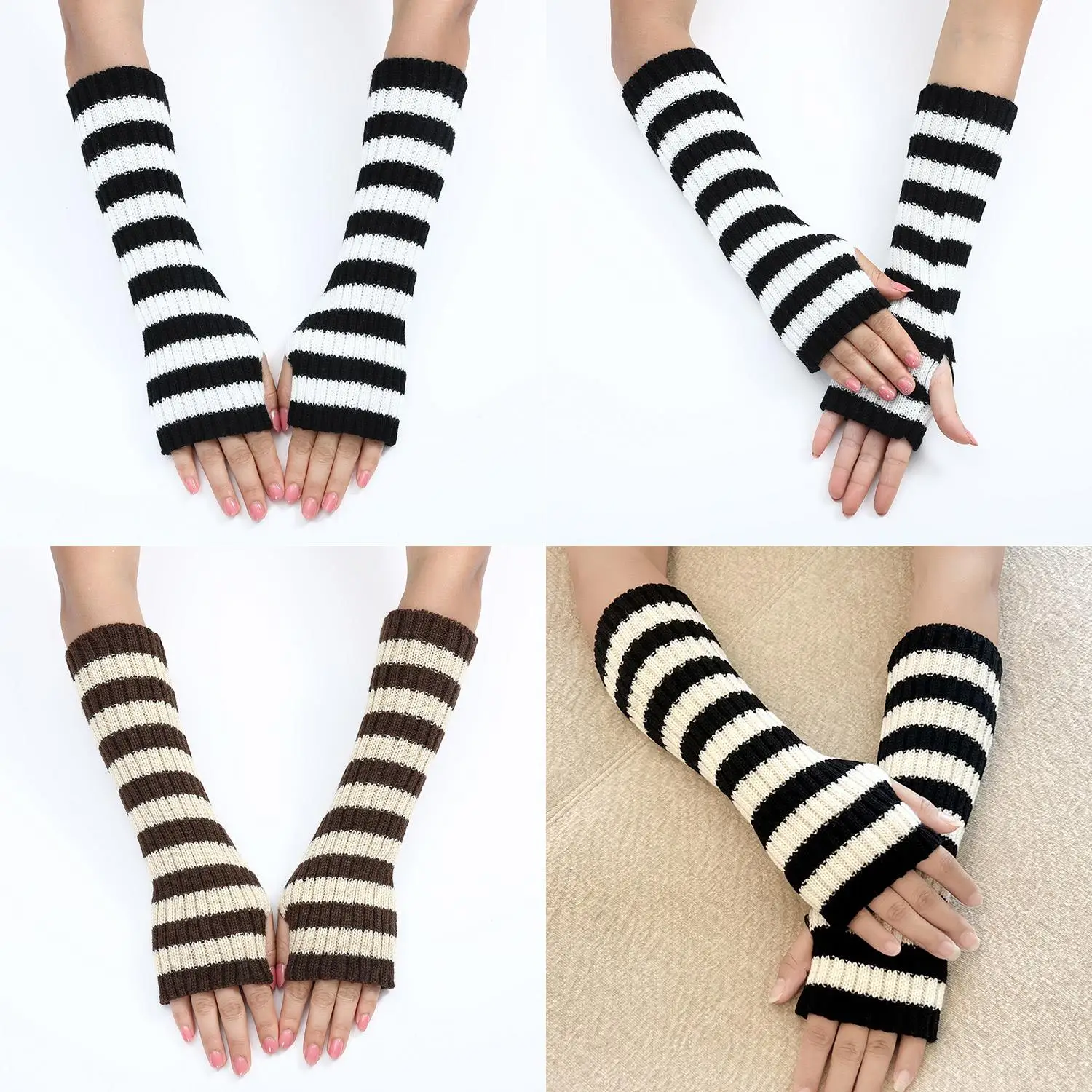 Long Fingerless Arm Warmers Women Wrist Elbow Thermal Glove Hand Arm Warmers Striped Knitted Elbow Mittens Cosplay Arm Sleeves