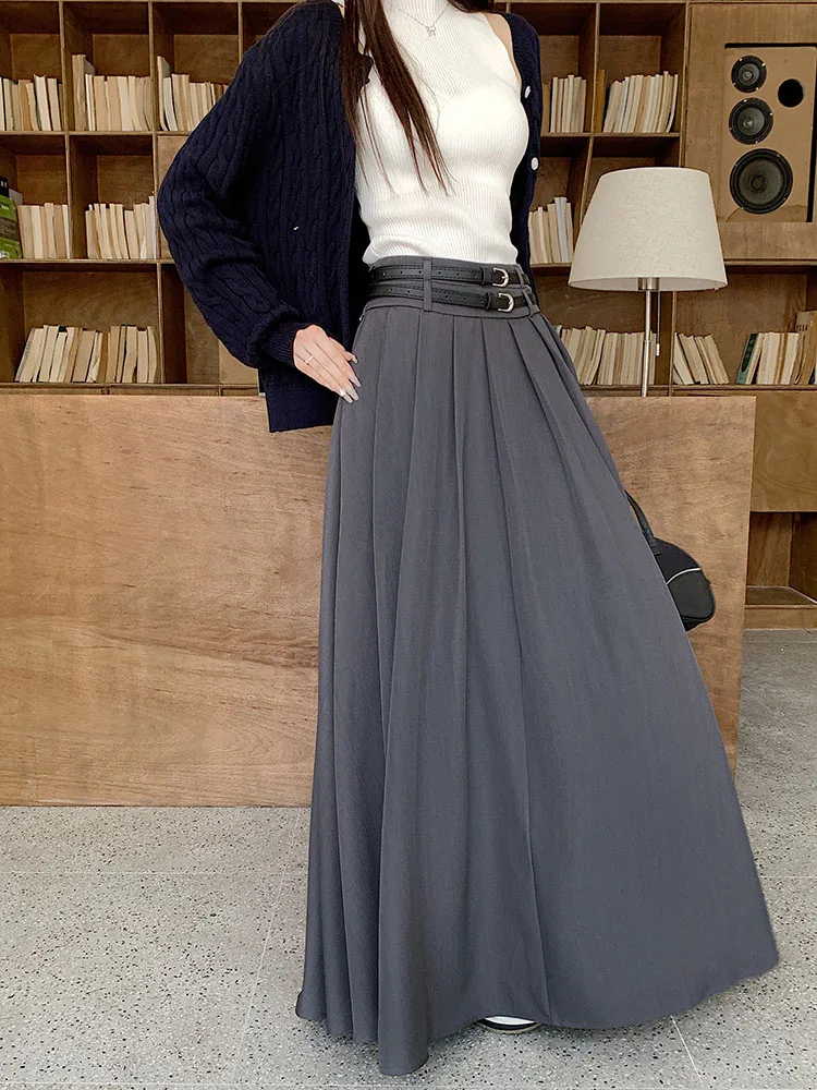 高品質 大きめスイングスーツスカート レディース エレガント Aライン プリーツスカート ベルト付き 韓国ファッション ブラック グレー ロングスカート 2025年新作