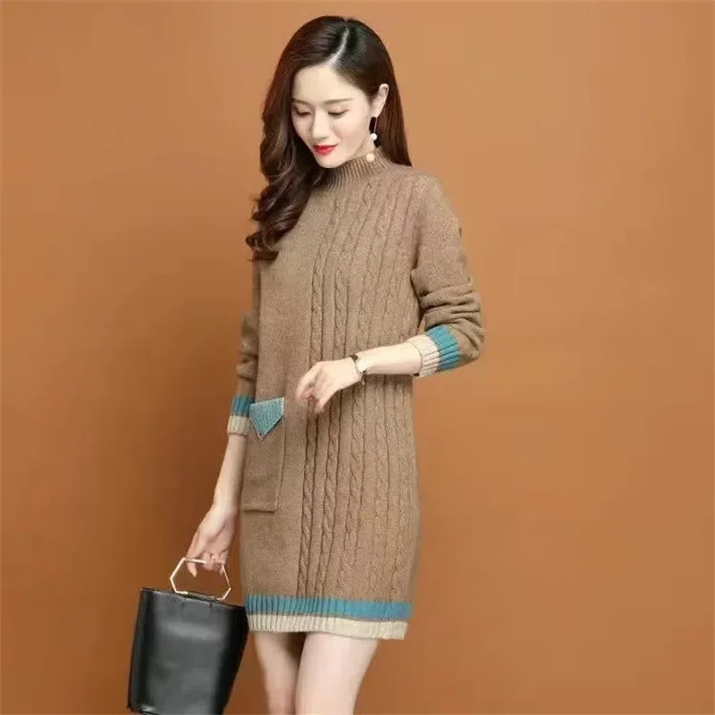 Autumn Women Sweater Pullover 2022 New Color Matching Half Turtleneck Long Knitted Sweater Female Winter Fleece Warm Jumper Tops