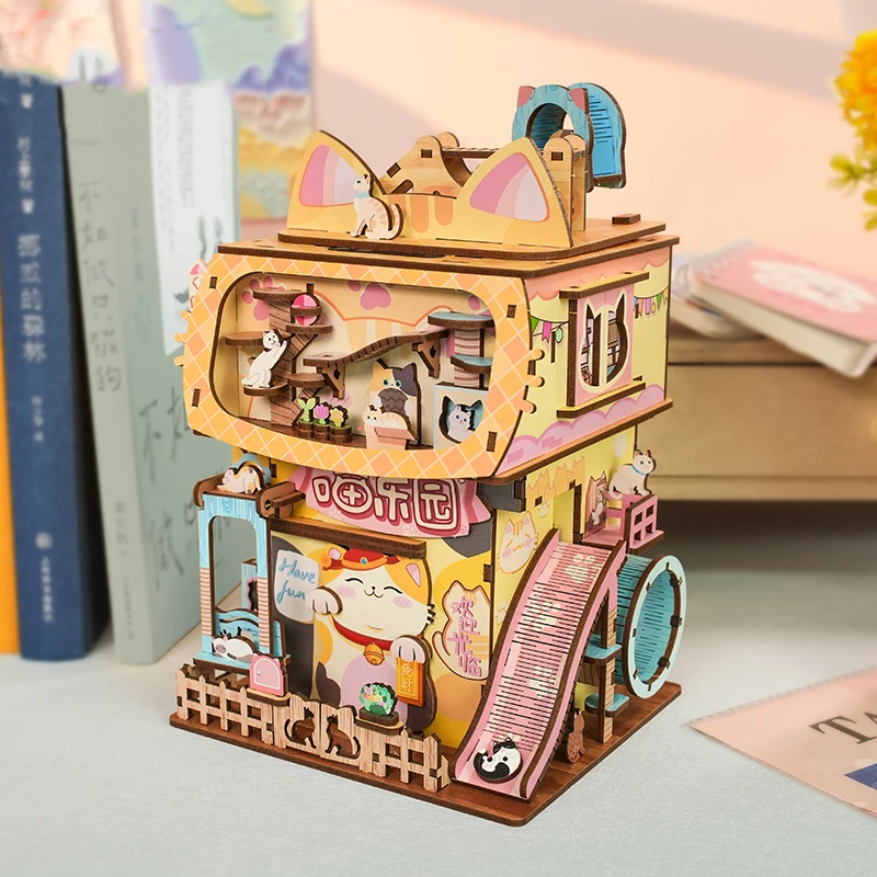 DIY Wooden Cat\'s House Storage Box Model Building Kits City Street View 3D Puzzles Handmade Crafts Friends Gifts Desk Decoration