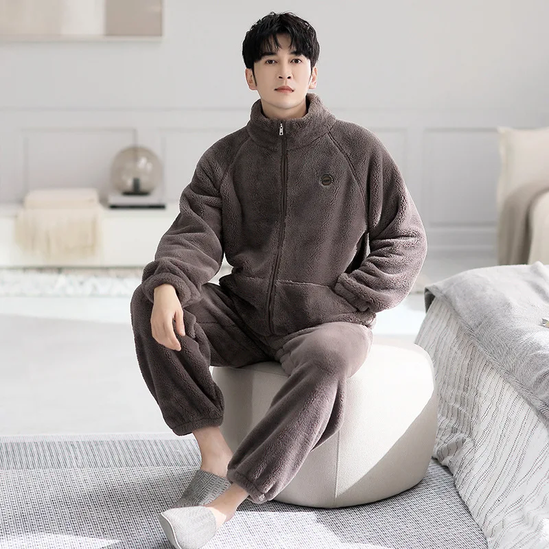 Men's Coral Fleece Pajamas Thickened Flannel Home Clothes Set Autumn Winter Style Long Sleeve Warmth Guarantee Home Scence
