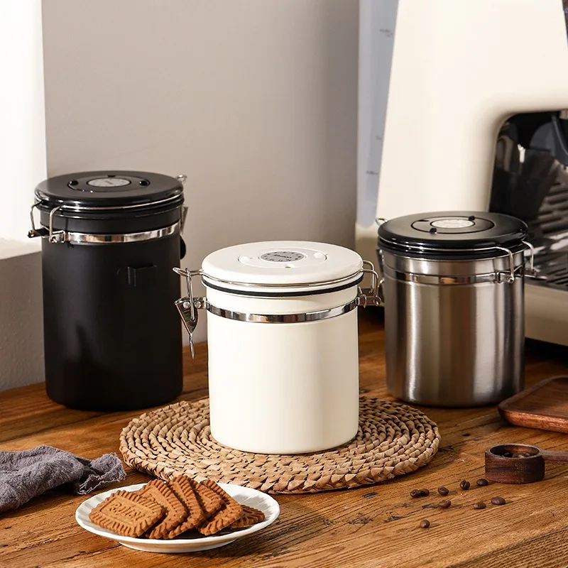 Coffee Bean Storage Stainless Steel Kitchen Storage Coffee Bean Tea Sugar Sealed Kitchen Food Storage Organiser 1.2L/1.5L/1.8L