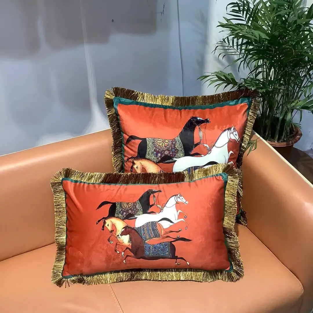 Double-Sided Waist Cushion Cover, Luxury Horse Pillowcase, Sofa Decoration, Retro Tassel, Square, Living Room