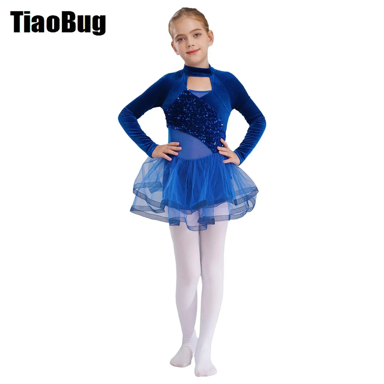 Kids Girls Sequins Dance Dress Sparkling Dance Dresses Mock Neck Long Sleeve Cutout Velvet Patchwork Tutu Dress