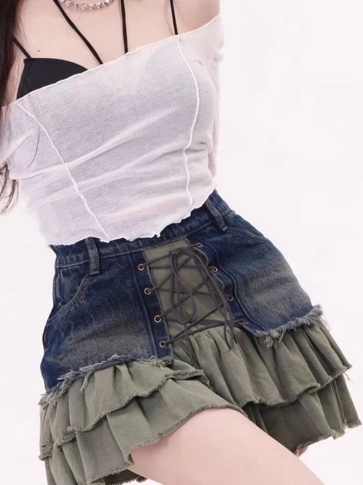 

Y2k Gyaru Skirts for Women Ruffles Patchwork Bandage High Waist Summer Female Slim Skirt Harajuku Vintage Streetwear Clothing