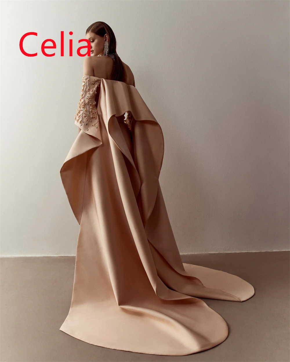 Customized  Classic Champagne Satin Evening Dress Exquisite Strapless Off the Shoulder Long Sleeves Crystal Homecoming