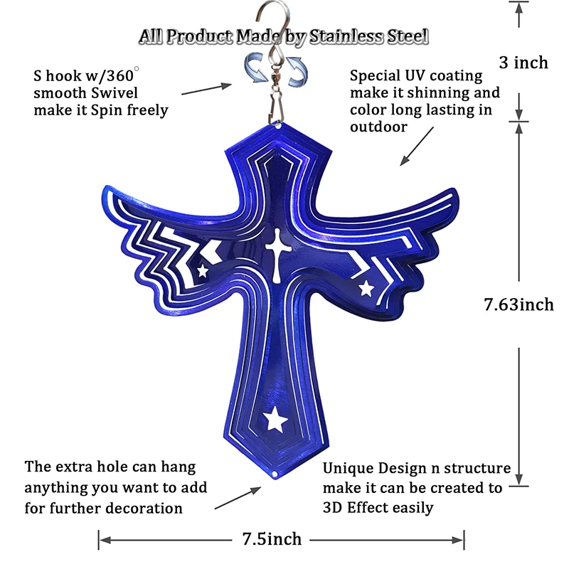 PSATHENATI Cross Pet Sympathy Gift Dog Memorial Wind Spinner Dog Memorial for Dog Lovers Stainless Steel Wind Chime blue