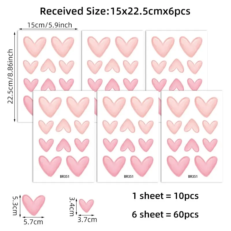 60Pcs Soft Pink Big Small Heart Shape Wall Stickers for Waterproof Removable PVC Kids Room Kindergarten Home Decoration