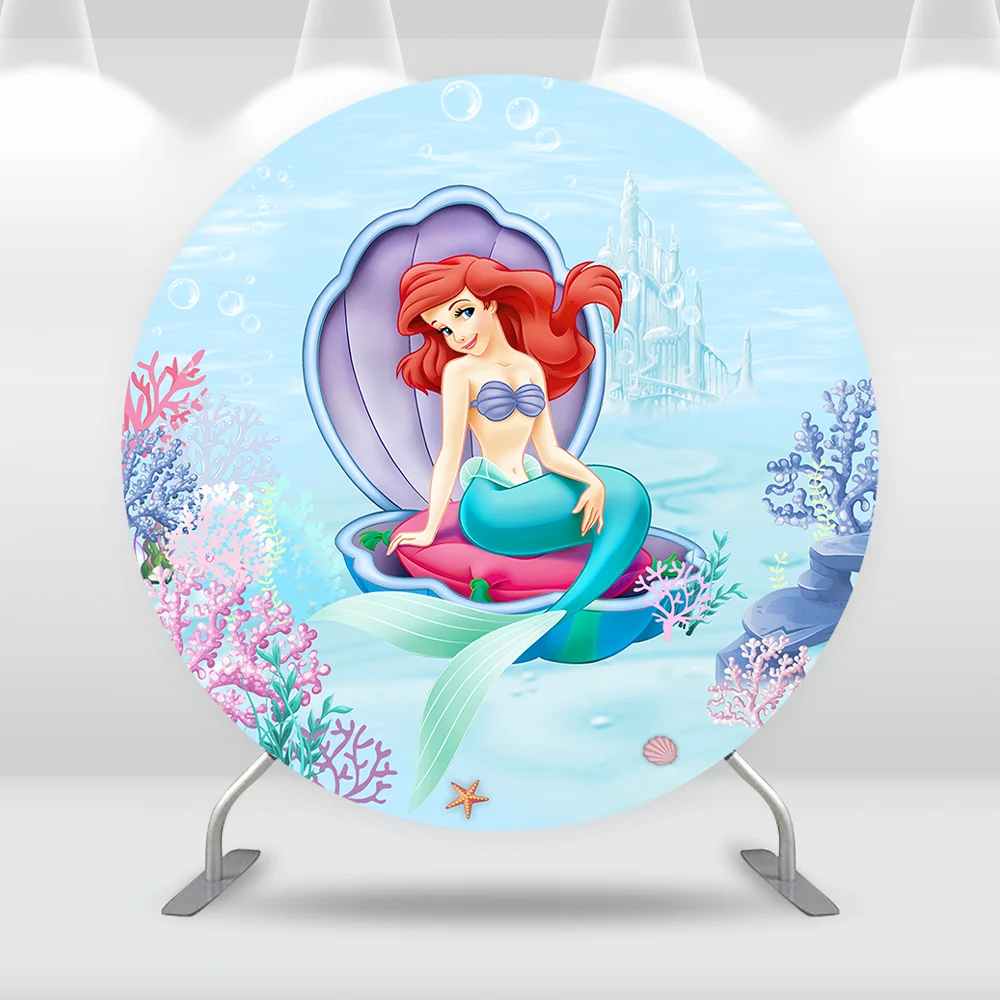 Under the Sea Ariel Mermaid Round Backdrop Birthay Party Supplies Girls Baby Shower Background Shell Coral Cylinder Covers