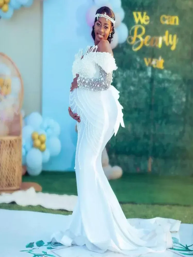 Abito da sposa a sirena con perle pesanti africane con spalle scoperte e ben design personalizzato Abiti da sposa Garden Brida incinta