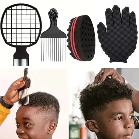 Juego de 4 Herramientas para Peinar Cabello Afro, Cepillo de Esponja Mágica, Peine Metálico, Accesorios para Rizar y Trenzar el Cabello para Hombres y Mujeres