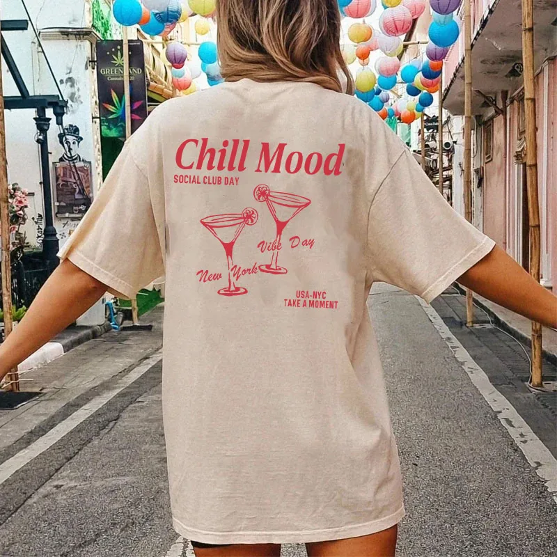 

Retro Short Sleeve Unisex Graphic T-Shirt Chill Mood Cocktail Club Print Tops Streetwear Y2K Aesthetic Fashion Tops for Women