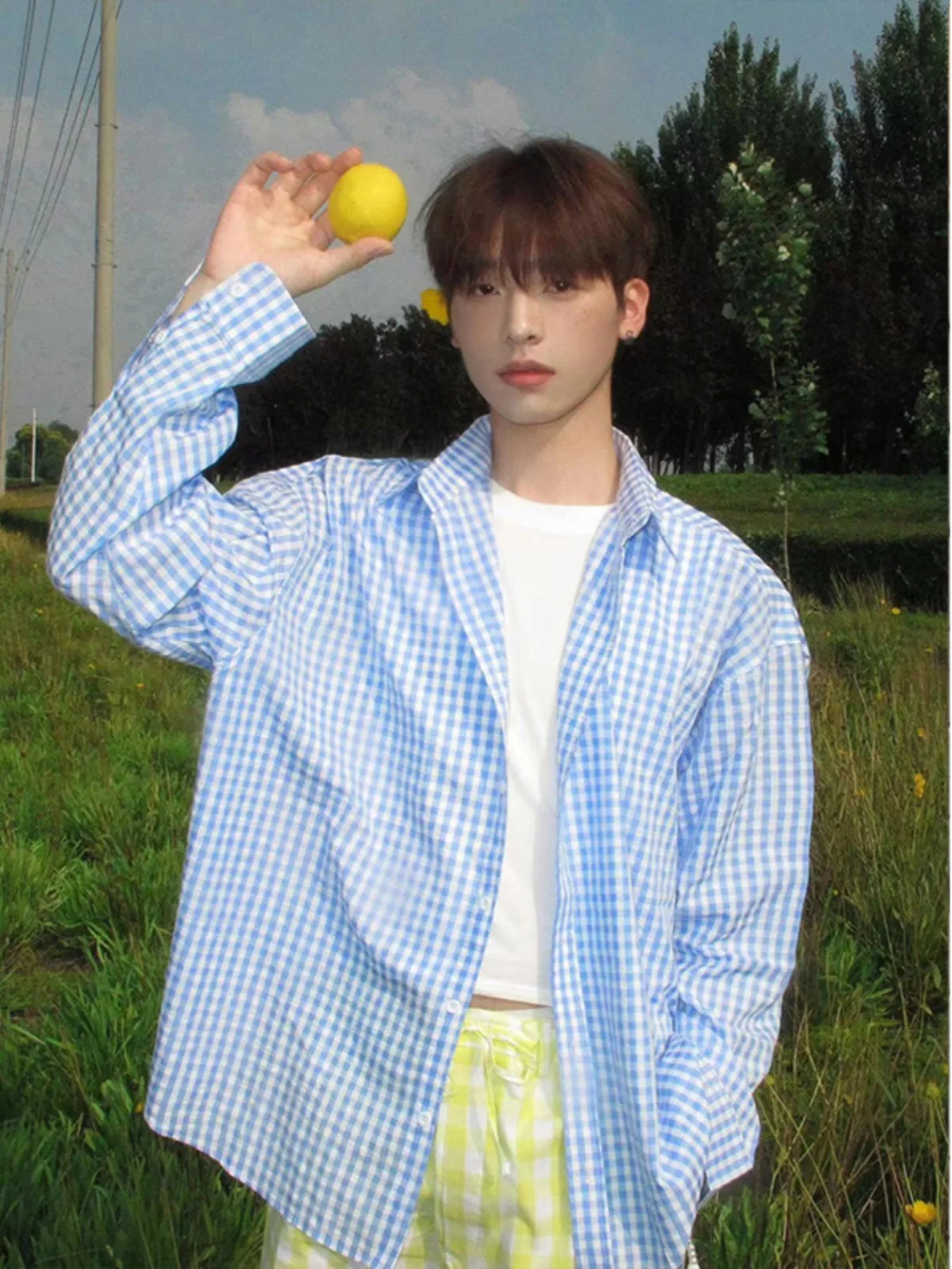 

Light Blue Plaid Men's Summer Long Sve Sun Protection irt Casual Sle Youthful Trend Loose Fit Japanese Sle Outerwear