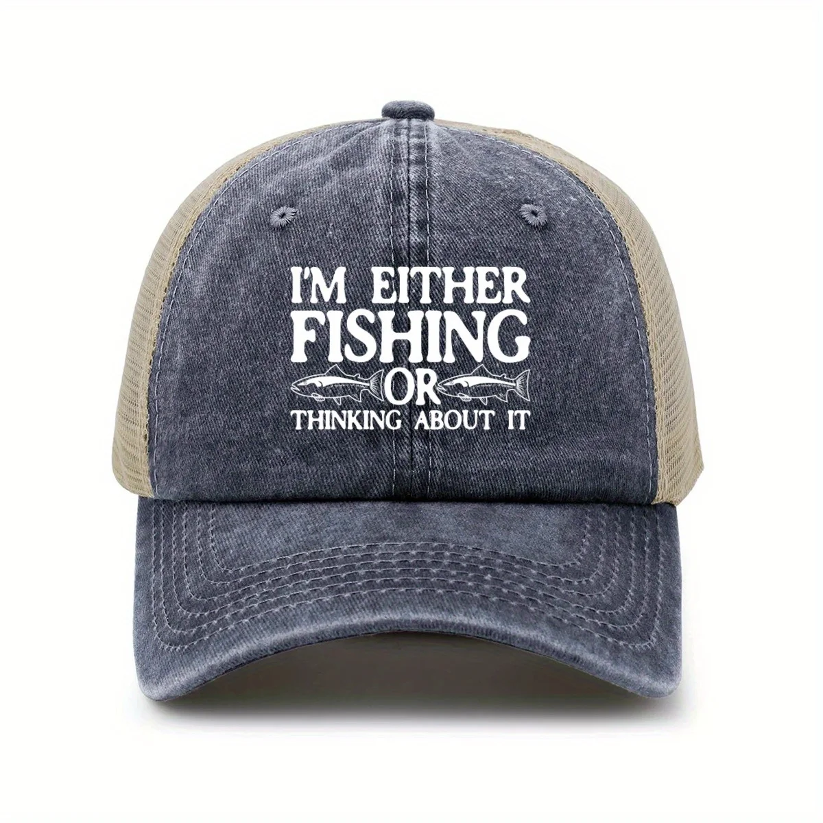 Unisex Baseball Cap with "I'm Either Fishing or Thinking About It" Design Gray Beige Trucker Hat for Outdoor Casual Wear view 4