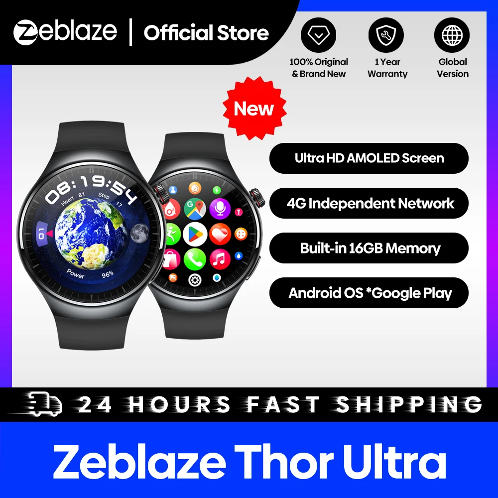 [Flagship 2024]Zeblaze Thor Ultra Android Smart Watch AMOLED Screen 4G Independent Network Built-in GPS 16GB Storage Google Play