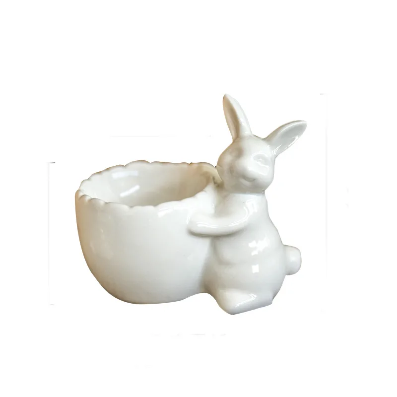 Breakfast Egg Cup Rabbit Egg Holder Ceramic Creative Living Room Ornament Egg-shaped Candle Holder Pure White Egg Cup
