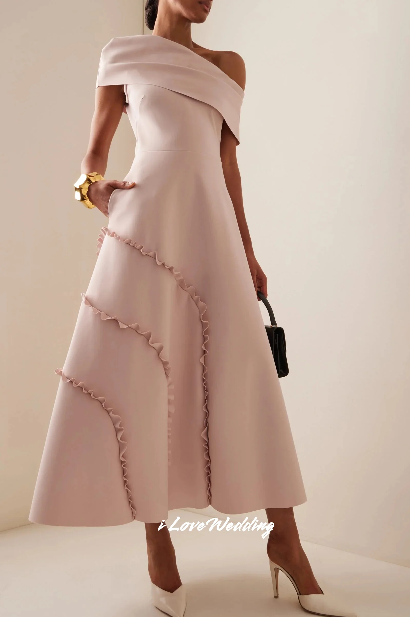 

Pink One Shoulder Evening Dress 2025 Satin Ruffles A-Line Ankle Length Draped Prom Dress Pleated Wedding Party Dress Customized