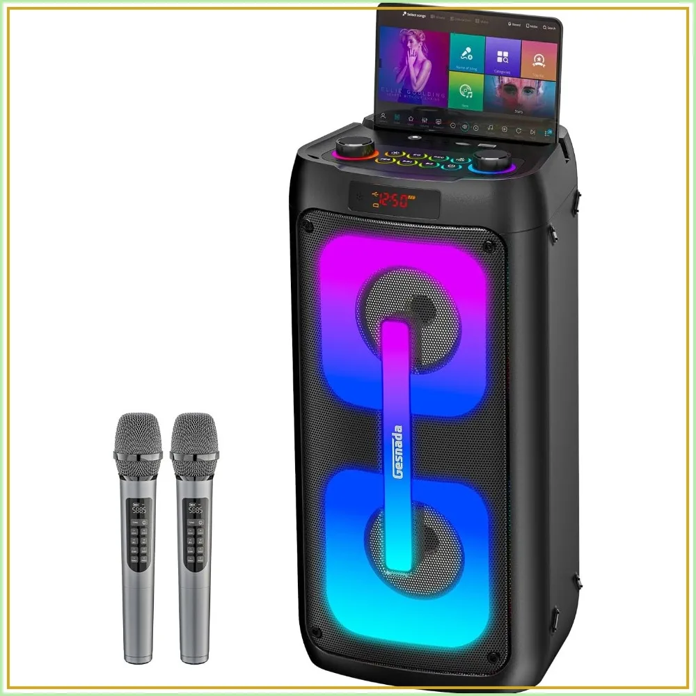 Karaoke Machine with 2 Wireless Mics, Portable PA System with LED Lights, Bluetooth 5.3, Party Speaker Supports Type-C, USB, AUX, TF, TWS for Home Outdoor