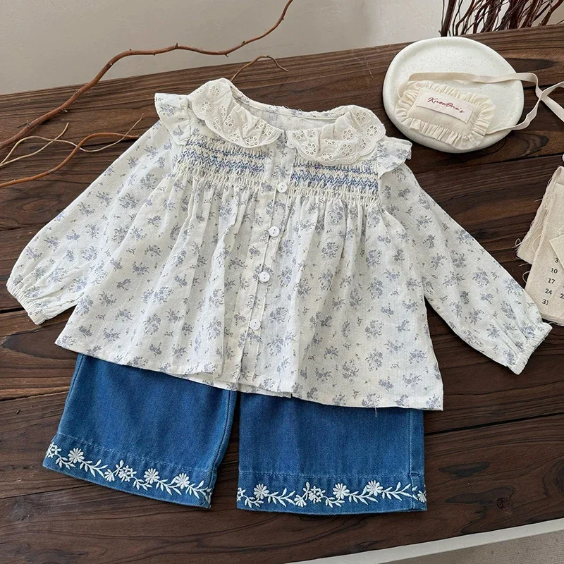 بلوزة بناتي ذات طية صدر السترة مع قميص مزين بالزهور بلوزات قطنية للربيع والخريف بأكمام طويلة للأطفال البنات بياقة بيتر ملابس أطفال