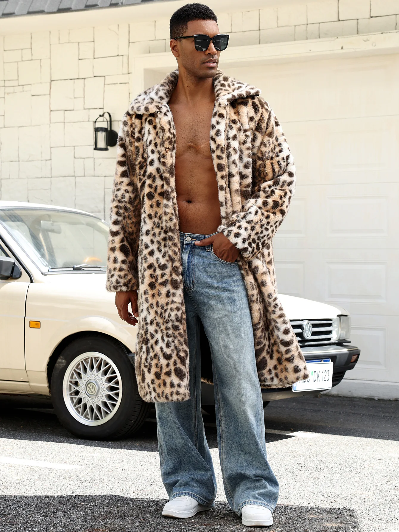 Kurtki zimowe 2025, grube, ocieplane, wydłużone płaszcze, futrzane, puszyste, długie płaszcze, odzież wierzchnia, retro męskie kurtki ze sztucznego futra w panterkę.