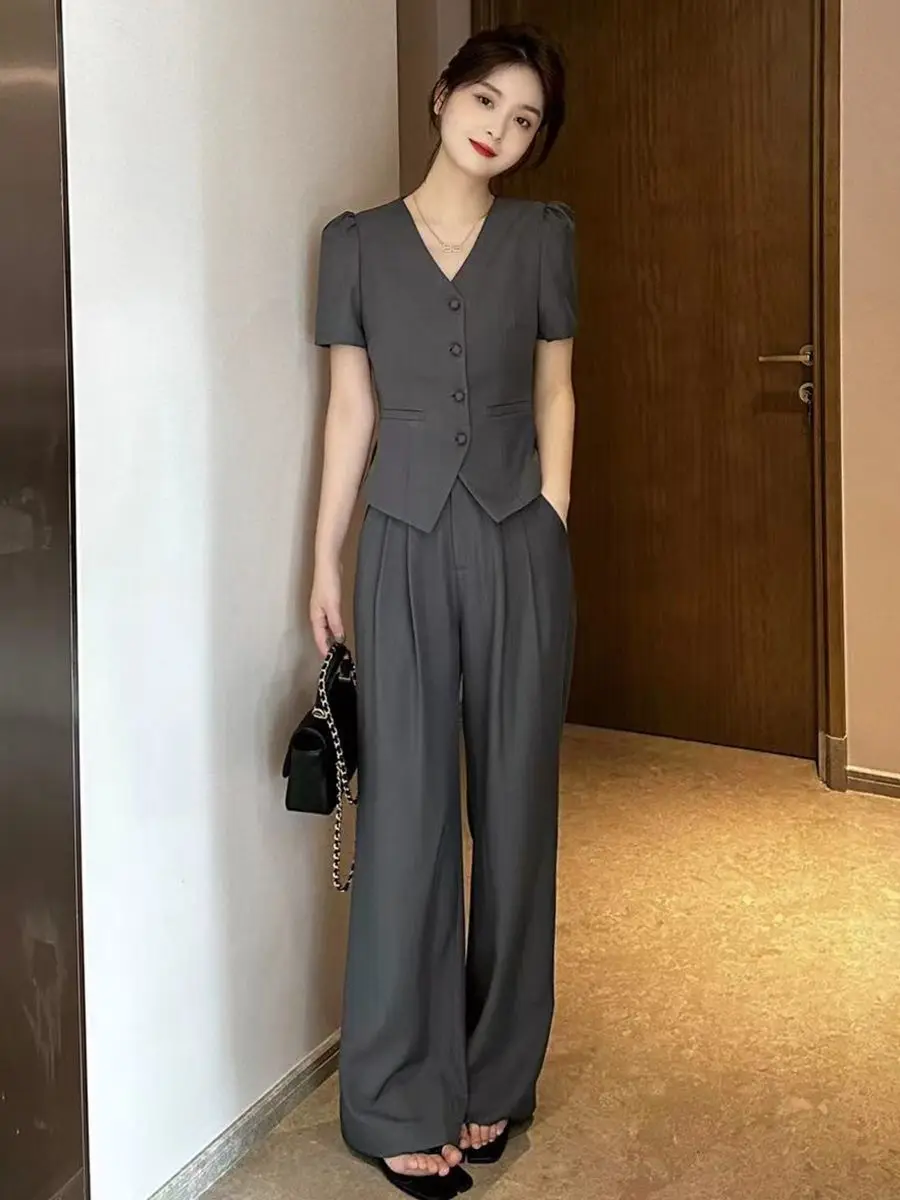 Office Ladies Trouser Professional Summer 2024 Wide Leg Wear To Work Women\'s Blazer and Pants Two Piece Set Suits Grey Promotion