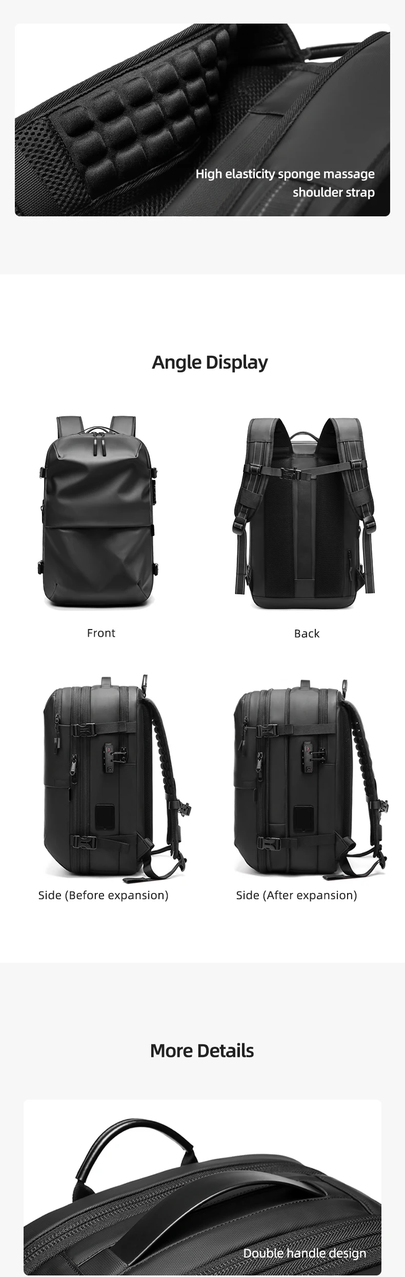 Herren-Reiserucksack mit One-Click-Start-Pumpe, Vakuum-Kompression, Laptopfach, Wandern, Outdoor, 17 Zoll, erweiterbarer Schulrucksack – Detail 9