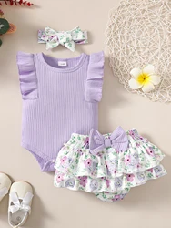 0-24-Month  baby  Girl  Headband  Pleated Sleeve Jumpsuit  And Floral Shorts    Baby Girl Clothing