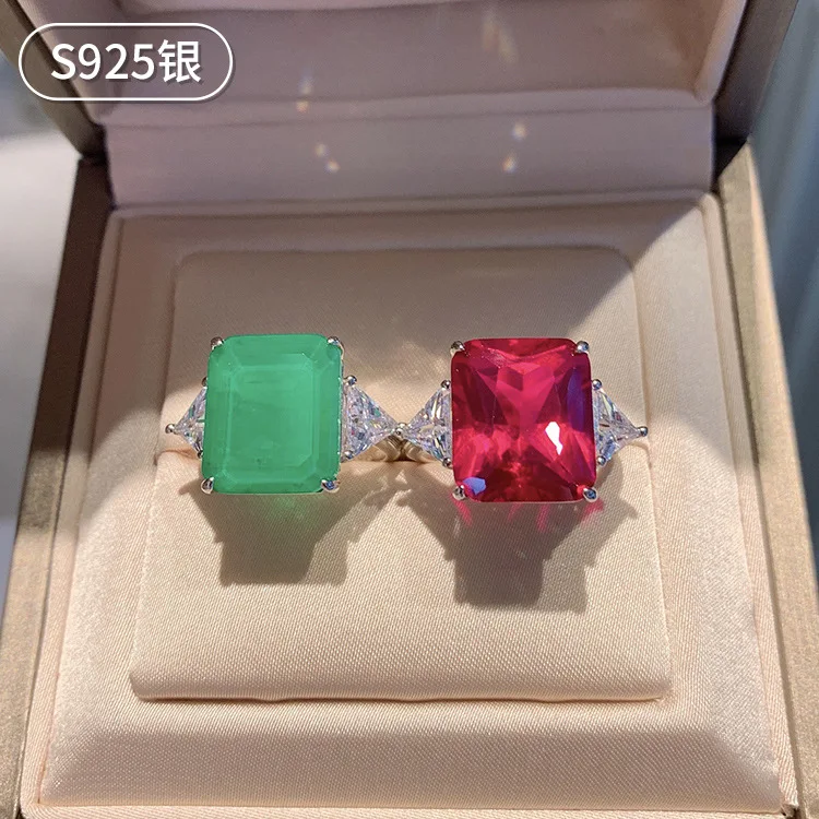 

S925 Silver Jewelry Imitation Red Treasure Emerald Temperament Women's Ring Rectangle Main Stone 12 * 14 Jewelry Wholesale