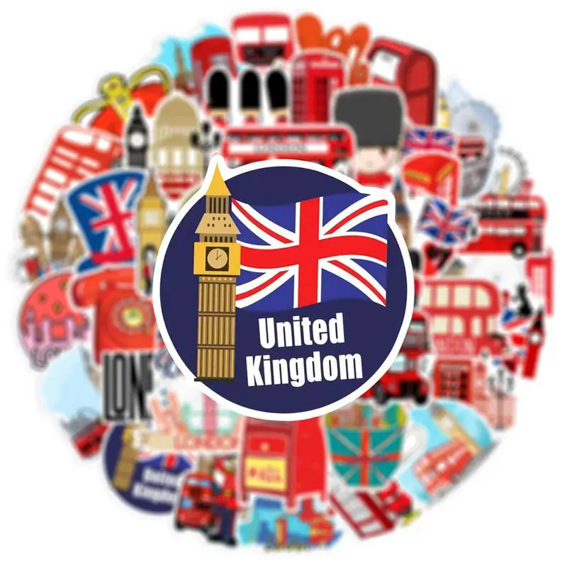 50pcs London Red Buses Stickers British Flag Stickers Water Cup Luggage Window Skateboards Pocketbook Decoration Stickers