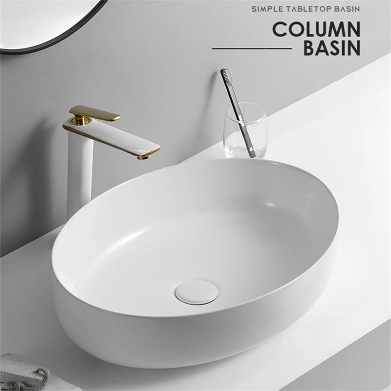 Bathroom Sink Ceramic Washbasin White Column Basin Nordic Modern Countertop Washroom Vessel Sink Tabletop Basin 550*420*140MM