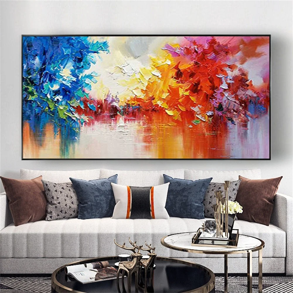 

Nordic Hand-painted Oil Painting Abstract Lakeside Landscape Wall Art Canvas Poster Decor Living Room Office Home Deco Mural