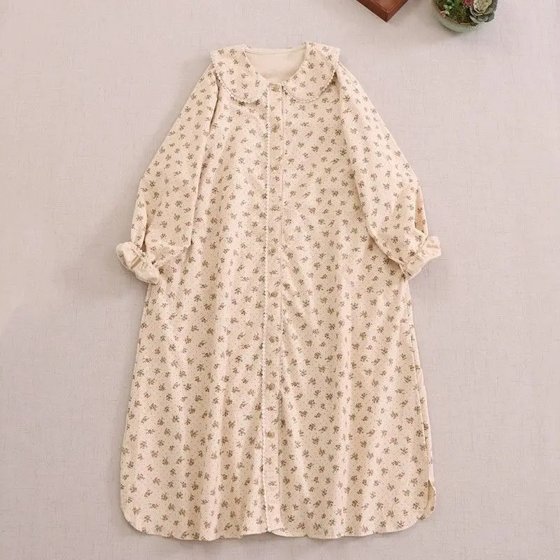 Mori Girl Style Floral Print Cute Doll Collar Long-sleeved Dress Loose Casual Retro Spring Fall Aesthetic Mid-length Women Dress