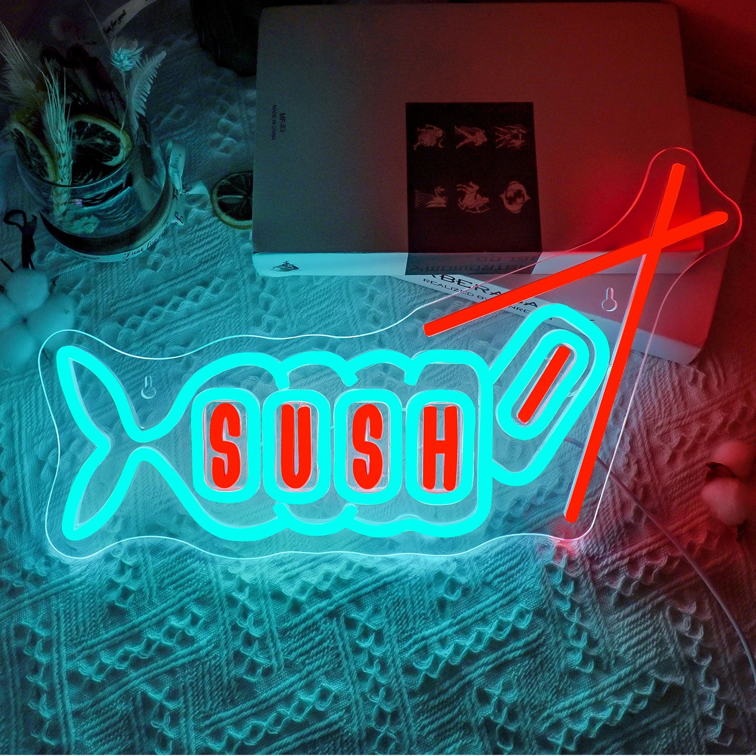 Sushi Neon Sign For Wall Decor LED Lights Fish Shaped Room Decoration Japanese Food Shop Bar Restaurant Kitchen Party USB Lamp