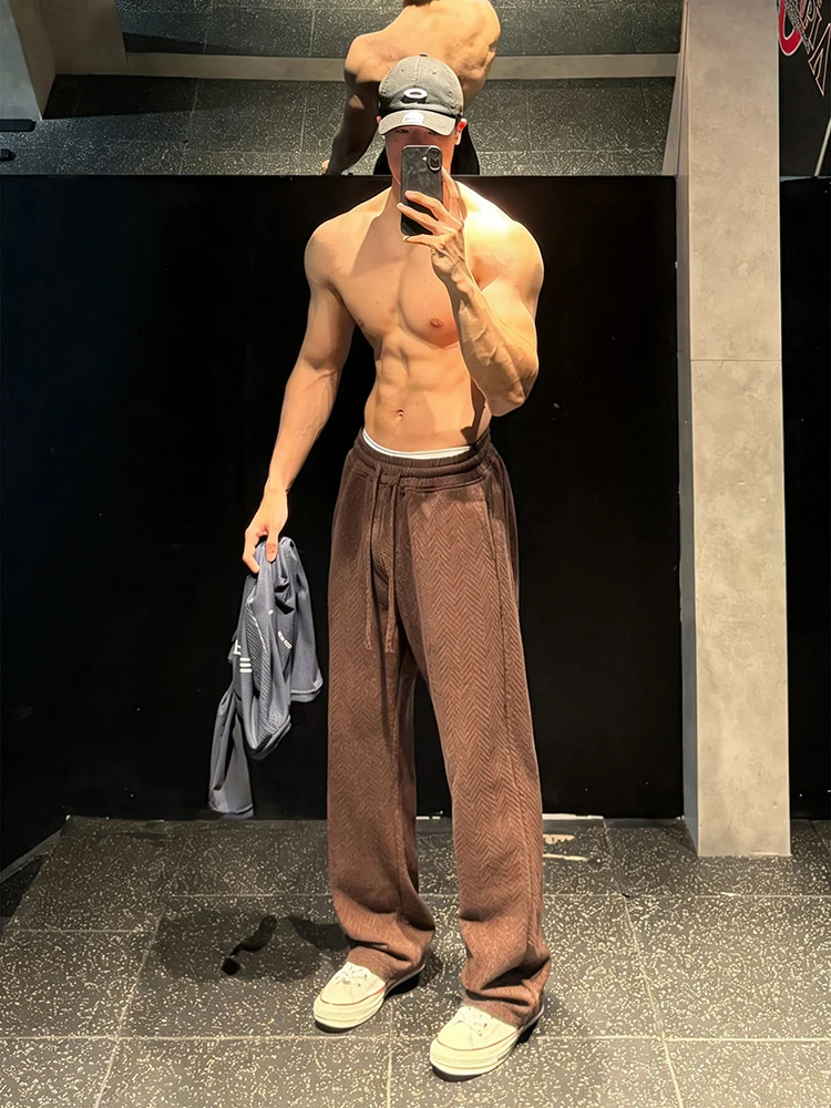 

American Sle Fce Lined Casual Pants Men's Autumn Winter Fitn Straight Leg Pants Tassel Decorated Low Waist Polyester ...