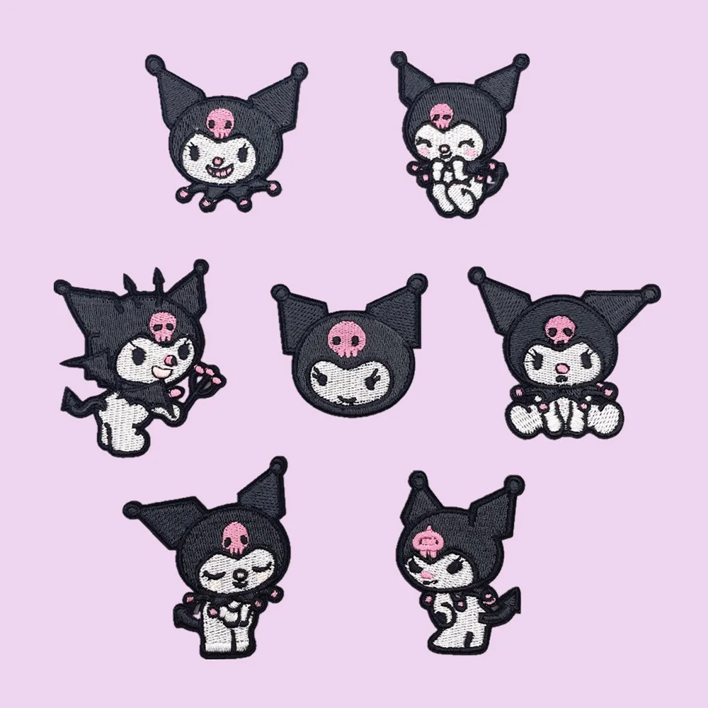 7Pcs Anime Sanrio Kuromi Self-adhesive Applique For Sew Child Clothes Iron on Embroidery Patches DIY Kwaii Coat Decor Badge