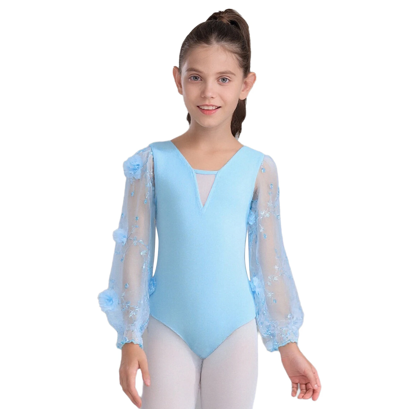 Crianças meninas ballet dança collant com decote em v flores bordado pura malha mangas compridas puff dança collant profissional ballet traje